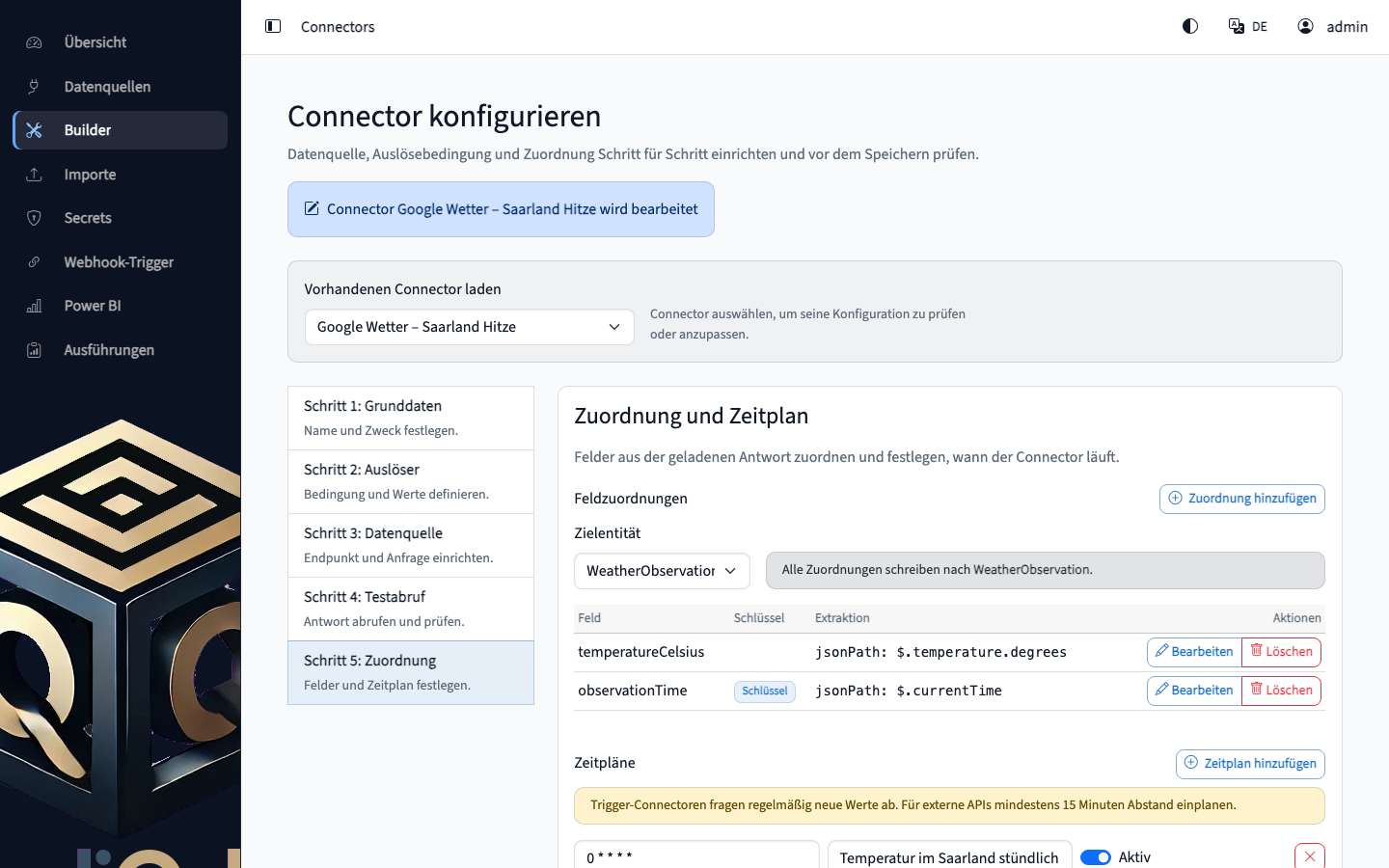 QualiCube Connector-Builder mit Feldmapping und Testlauf